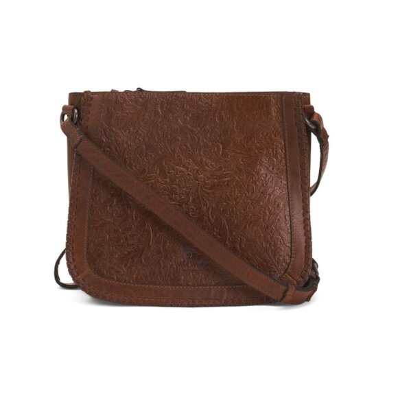 WILD WEST Cognac Leather Crossbody Stitching Detail - Picture 1 of 2